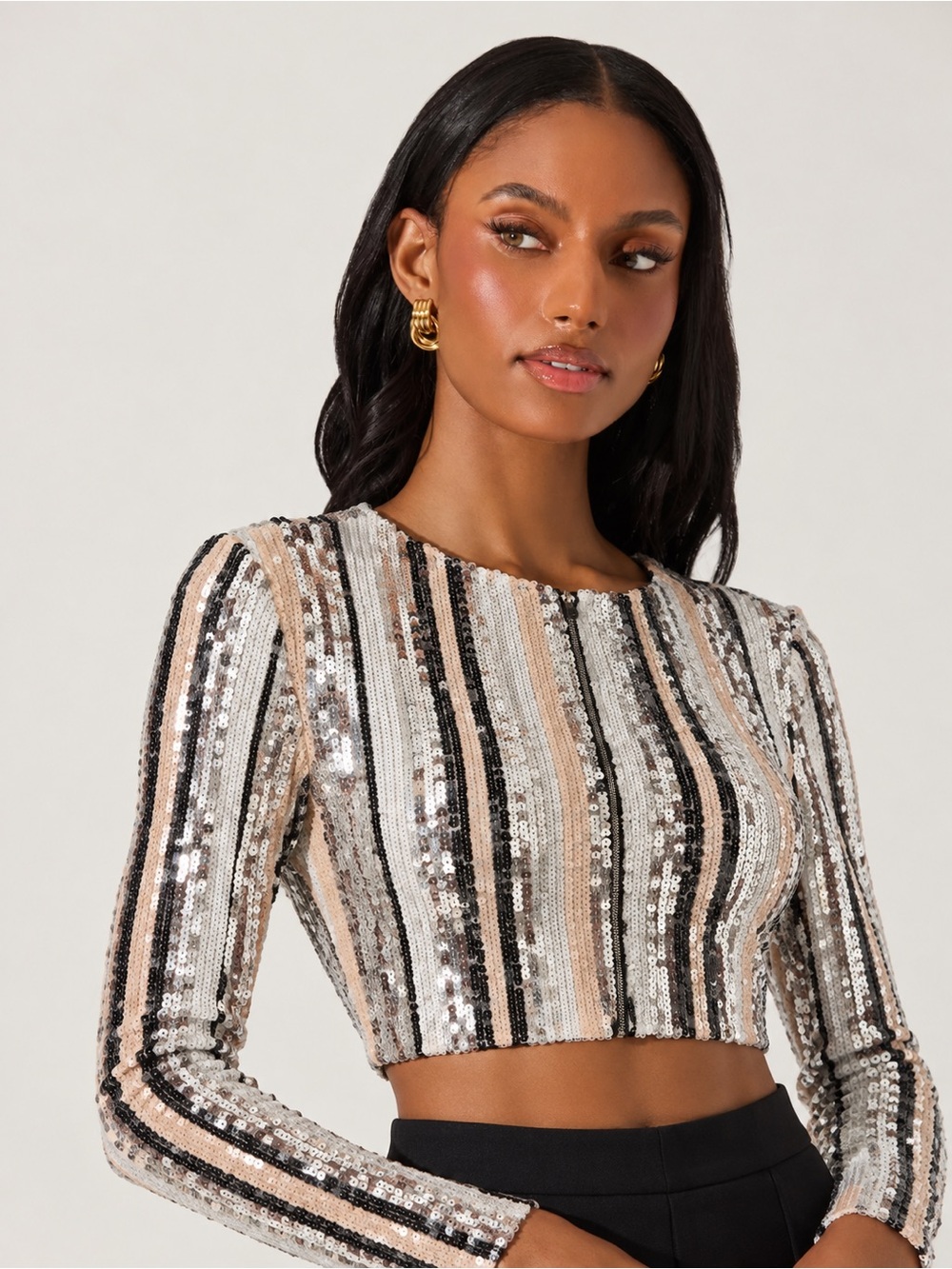 ReVamped Boutique Sequin Striped Crop Top Long Sleeve Size L Disco Party Y2K